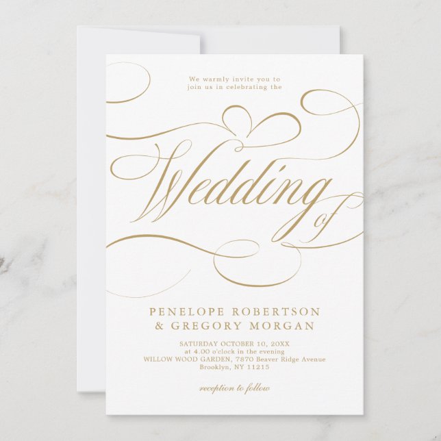 Modern calligraphy gold white QR code wedding Invitation (Front)