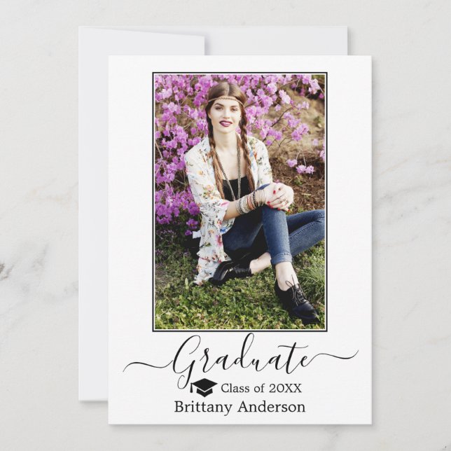 Modern Calligraphy Grad Cap Photo Graduation Announcement (Front)
