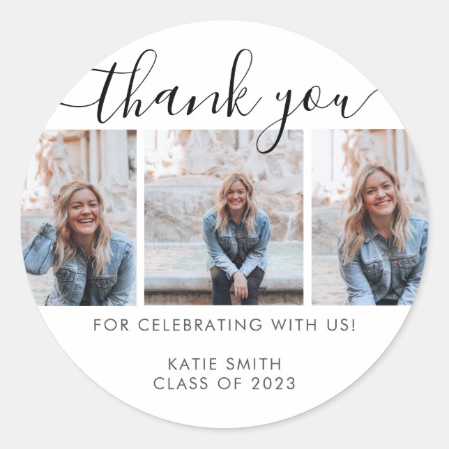 Modern Calligraphy Graduation 3 Photo Thank You Classic Round Sticker (Front)