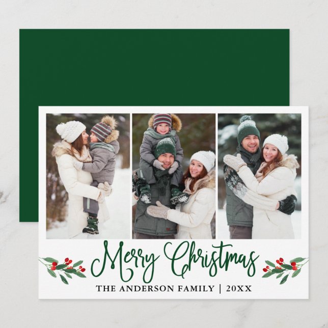Modern Calligraphy Green Christmas Holly 3 Photo Holiday Card (Front/Back)