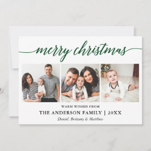 Modern Calligraphy Green Merry Christmas 3 Photo Holiday Card