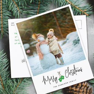 Modern Calligraphy Green Mittens Photo Holiday Postcard