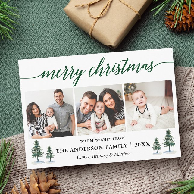 Modern Calligraphy Green Pines Christmas 3 Photo Holiday Card (Customize to add text or more photos to back of card.)