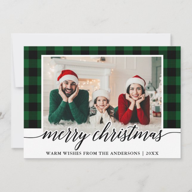 Modern Calligraphy Green Plaid Photo Christmas Holiday Card (Front)