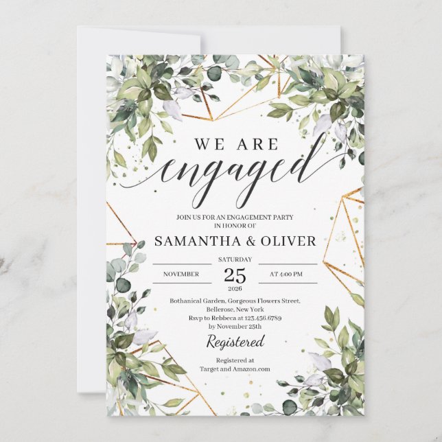 Modern calligraphy greenery gold boho engagement invitation (Front)