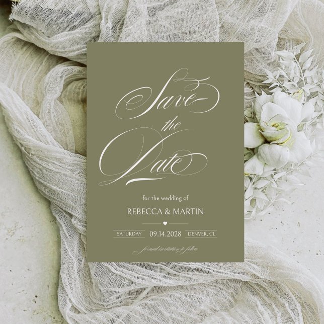Modern Calligraphy Greenery Wedding Olive Green Save The Date (Creator Uploaded)