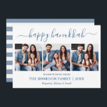 Modern Calligraphy Hanukkah 3 Photo Blue Striped Holiday Card<br><div class="desc">Modern Trendy Calligraphy Script 3 Photo Family Photo Collage Happy Hanukkah Card - Dusty Blue and White Stripes Back</div>