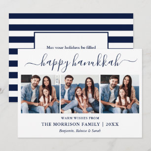 Modern Calligraphy Hanukkah 3 Photo Blue Stripes Holiday Card