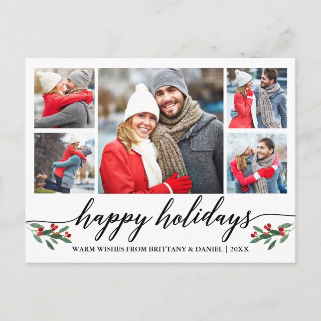 Modern Calligraphy Happy Holidays 5 Photo Postcard (Front)