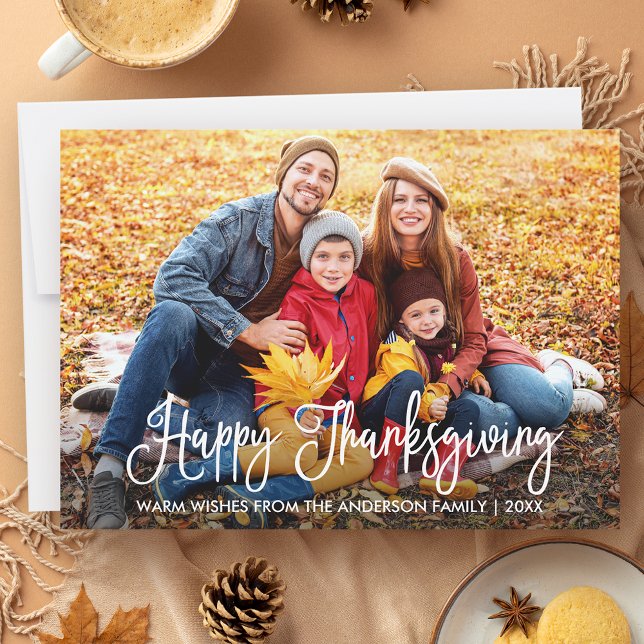 Modern Calligraphy Happy Thanksgiving Family Photo Holiday Card (Customize to add more text or photos to back of card.)