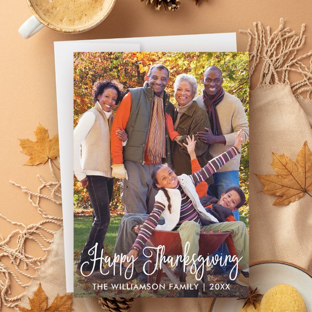 Modern Calligraphy Happy Thanksgiving Photo Holiday Card (Customize to add more text or photos to back of card.)