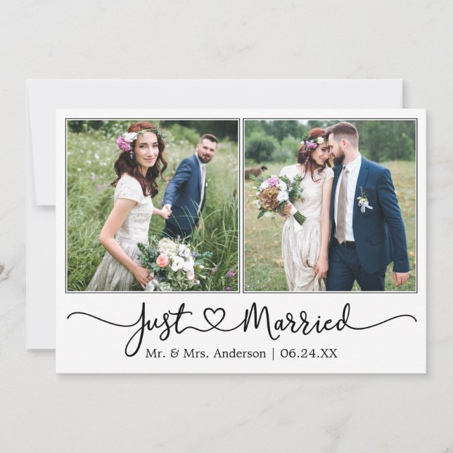 Modern Calligraphy Heart 2 Photo Wedding Announcement (Front)