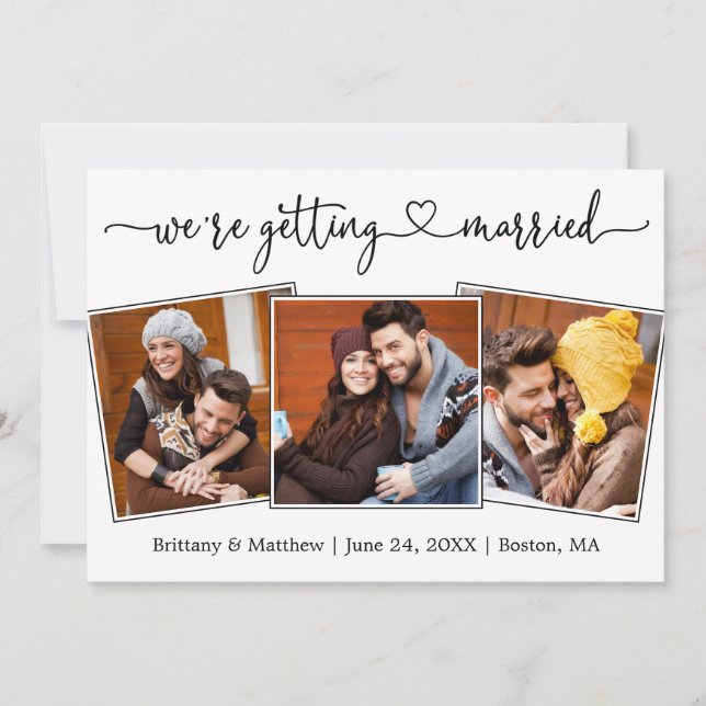 Modern Calligraphy Heart 3 Photo Getting Married Save The Date (Front)