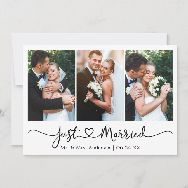 Modern Calligraphy Heart 3 Photo Wedding Announcement (Front)