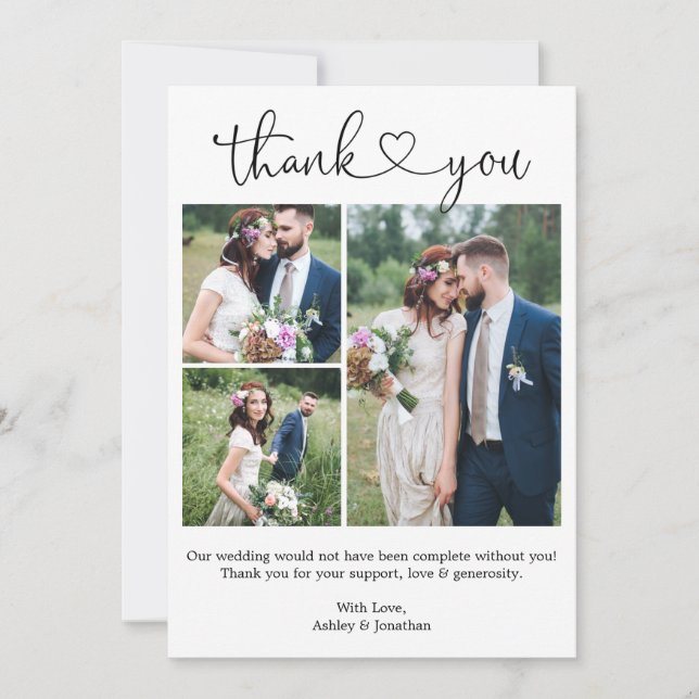 Modern Calligraphy Heart 3 Photo Wedding Thank You Card (Front)
