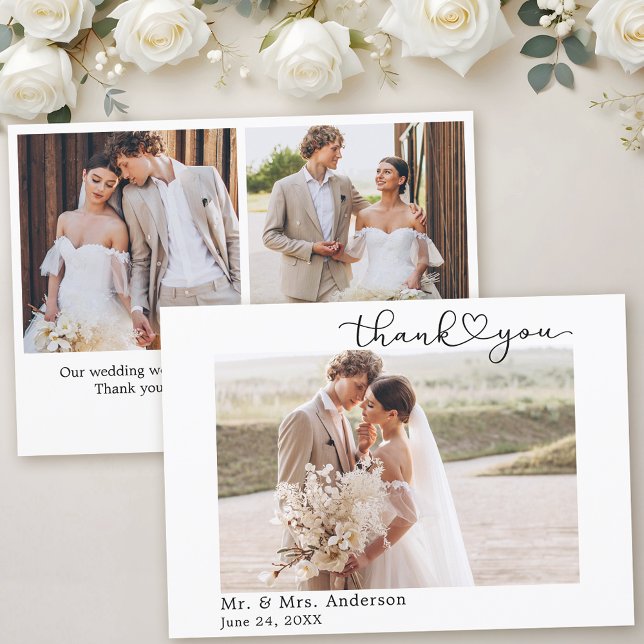 Modern Calligraphy Heart 3 Photo Wedding Thank You Card (Customize to change your personalized text size or text style.)