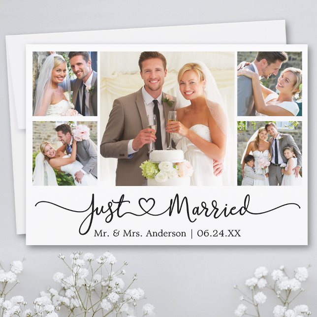 Modern Calligraphy Heart 5 Photo Wedding Announcement (Customize to add text or more photos to back of card.)