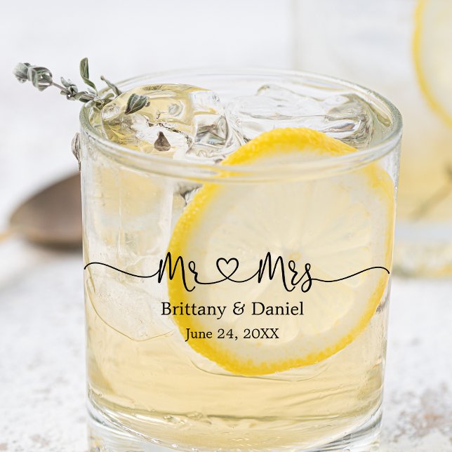 Modern Calligraphy Heart Mr. and Mrs. Wedding Whiskey Glass (Several styles to choose from.)