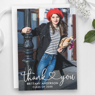 Modern Calligraphy Heart Photo Graduation  Thank You Card