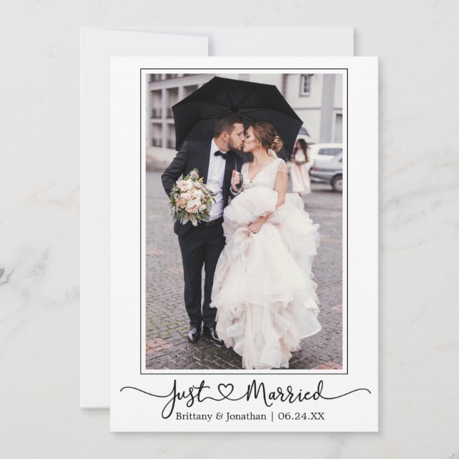 Modern Calligraphy Heart Photo Just Married  Announcement (Front)