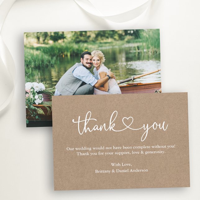Modern Calligraphy Heart Photo Kraft Wedding Note Thank You Card (Customize to change your personalized text size or text style.)