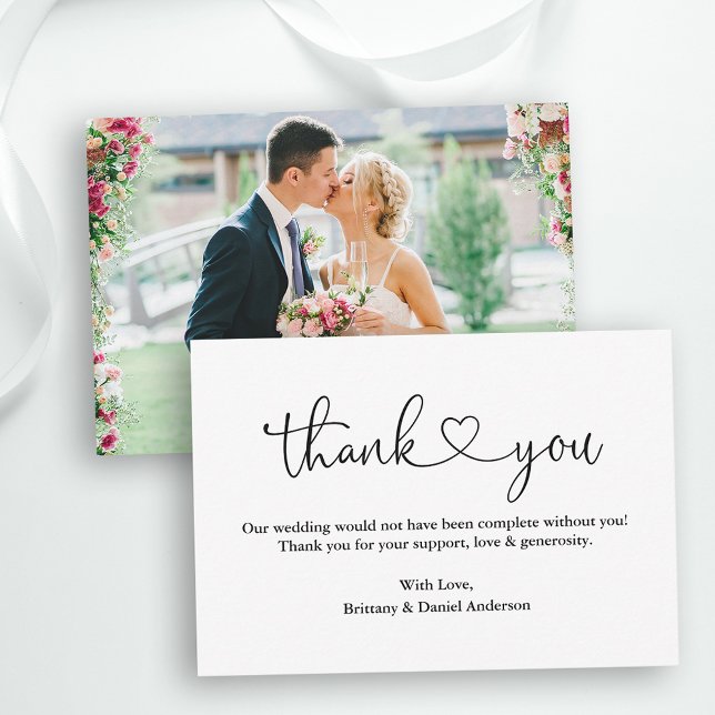 Modern Calligraphy Heart Photo Wedding Note Thank You Card (Customize to change your personalized text size or text style.)