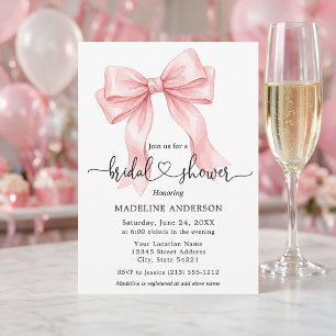 Modern Calligraphy Heart Pink Bow Bridal Shower Invitation