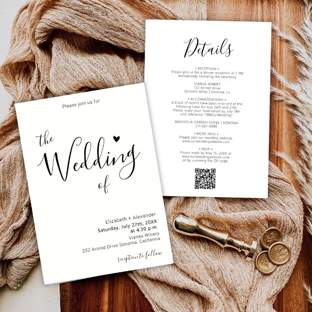 Modern Calligraphy Heart Script QR Code Wedding  Invitation (Creator Uploaded)