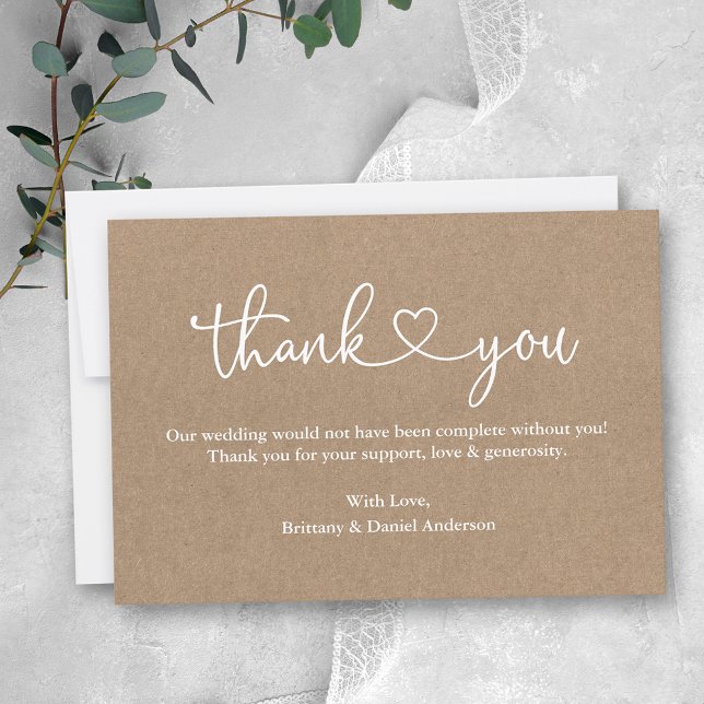 Modern Calligraphy Heart Wedding Kraft Note Thank You Card (Customize to change your personalized text size or to add more text or photos to back of card.)