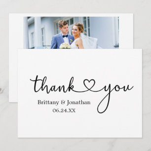 Modern Calligraphy Heart Wedding Photo Back Thank You Card
