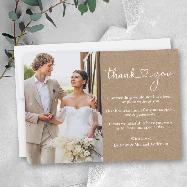 Modern Calligraphy Heart Wedding Photo Kraft Thank You Card (Customize to add more text or photos to back of card.)