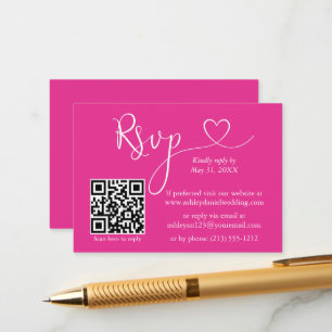 Modern Calligraphy Heart Wedding QR RSVP Hot Pink Enclosure Card