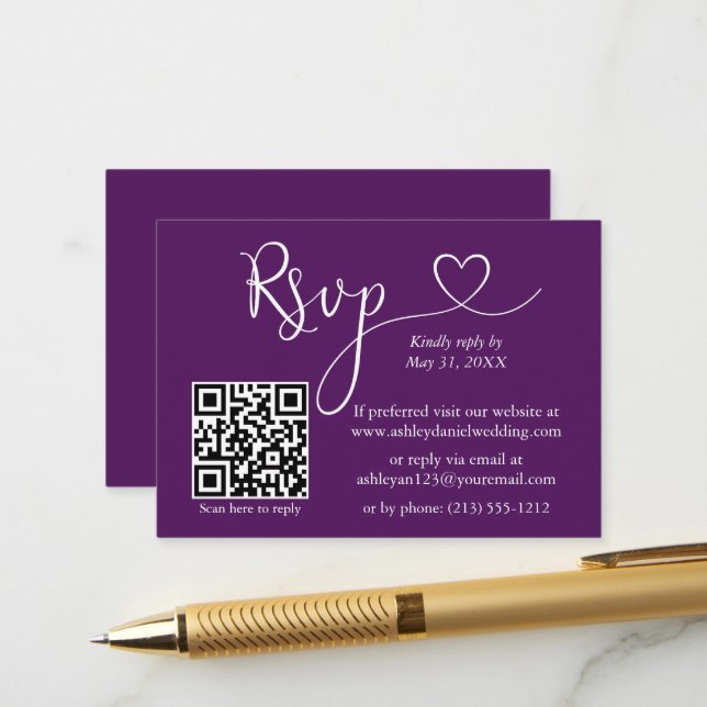 Modern Calligraphy Heart Wedding QR RSVP Purple Enclosure Card (Front/Back In Situ)
