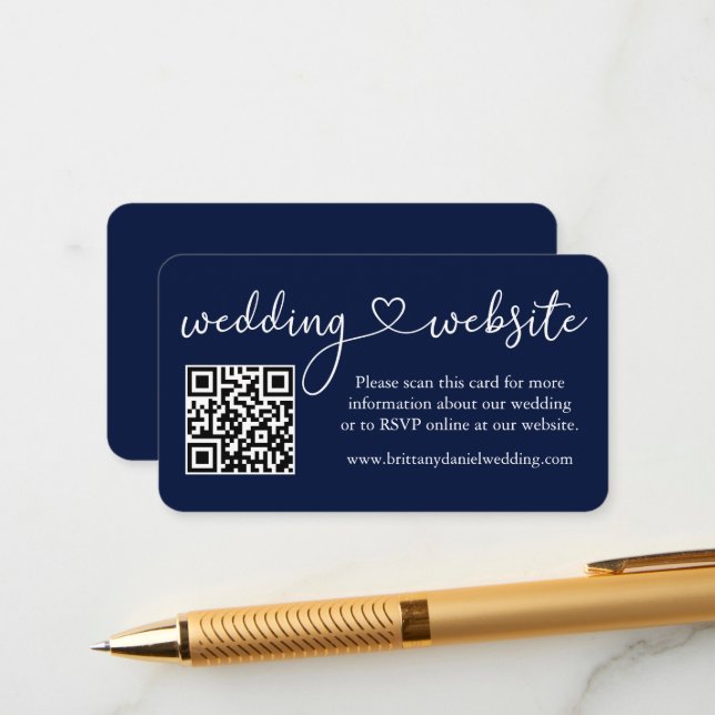 Modern Calligraphy Heart Wedding Website QR Blue Enclosure Card (Front/Back In Situ)