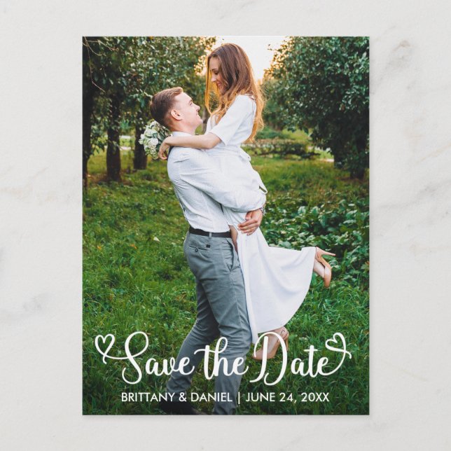 Modern Calligraphy Hearts Save The Date Photo Postcard (Front)