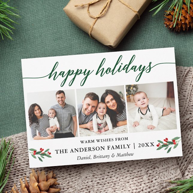 Modern Calligraphy Holly Green 3 Photo Holiday Card (Customize to add text to back of card.)