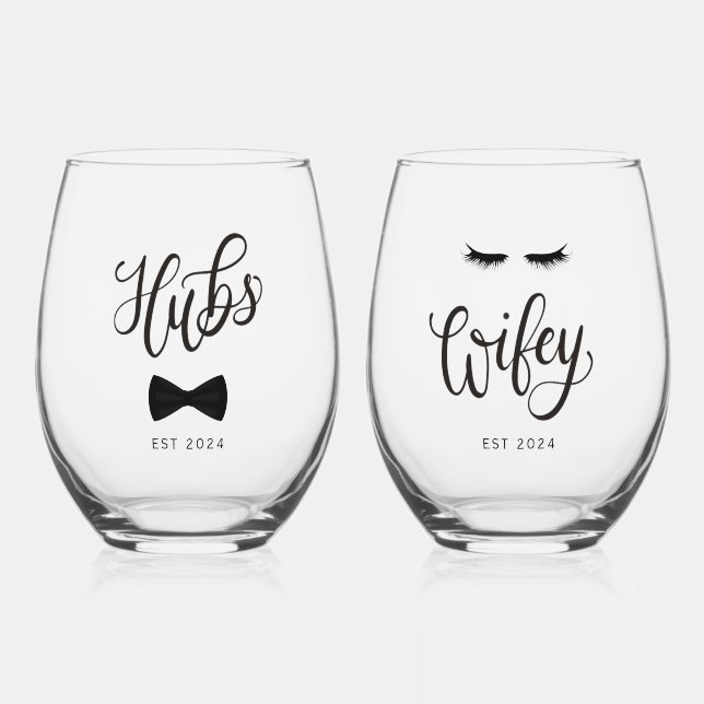 Modern Calligraphy Hubs Wifey Personalized Couple Stemless Wine Glass (Front)
