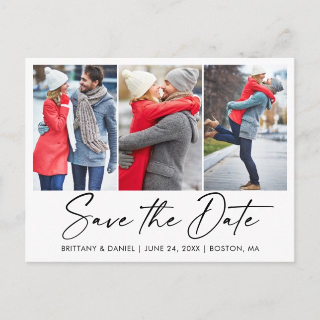Modern Calligraphy Ink 3 Photo Save The Date Postcard (Front)
