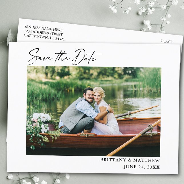 Modern Calligraphy Ink Pen Photo Save The Date Postcard (Customize to change your personalized text size or text style.)