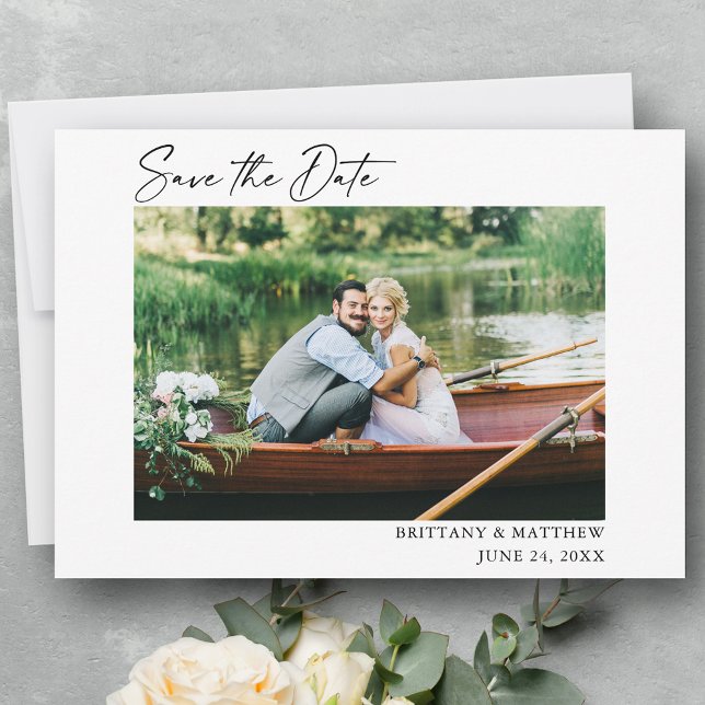 Modern Calligraphy Ink Pen Script Photo Save The Date (Customize to change your personalized text size or text style.)