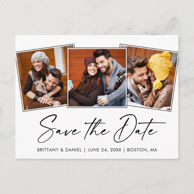Modern Calligraphy Ink Save The Date 3 Photo Postcard (Front)