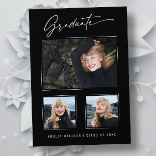 Modern Calligraphy Ink Script 3 Photo Graduation Announcement