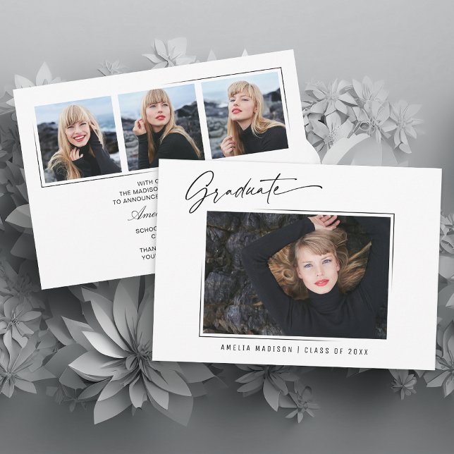 Modern Calligraphy Ink Script 4 Photo Grad 2 Sided Announcement (Creator Uploaded)