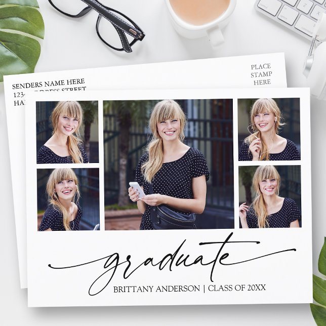 Modern Calligraphy Ink Script 5 Photo Graduation Postcard (Customize to add text to back of card.)