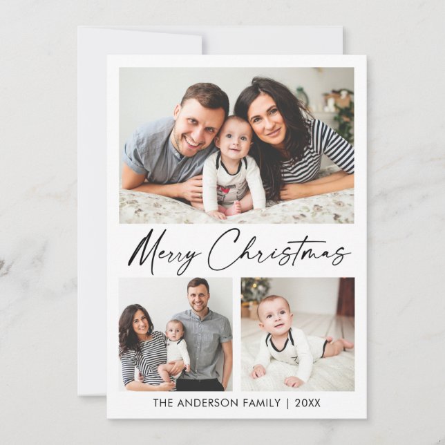 Modern Calligraphy Ink Script Christmas 3 Photo Holiday Card (Front)