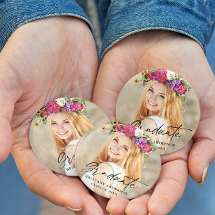 Modern Calligraphy Ink Script Graduate Photo 3 Inch Round Button