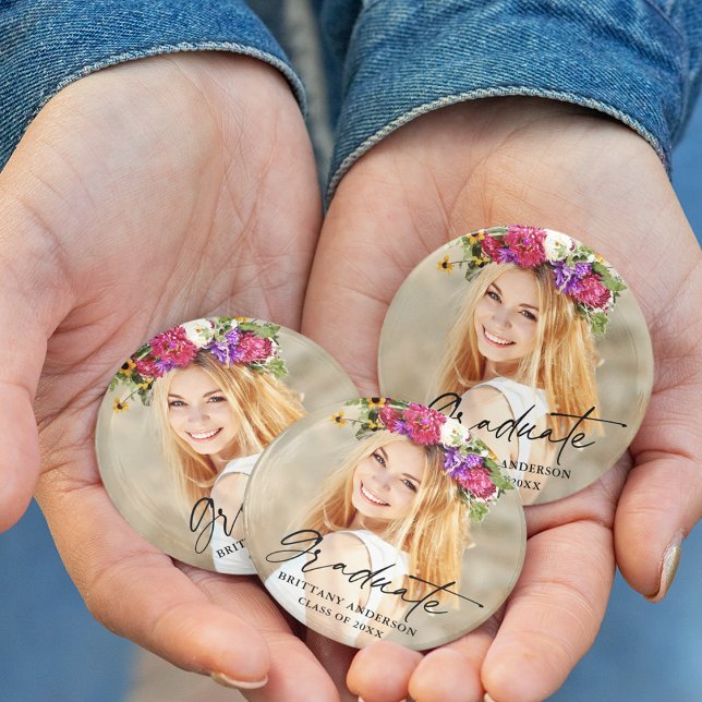 Modern Calligraphy Ink Script Graduate Photo 3 Inch Round Button (Customize to change your personalized text size or text style.)