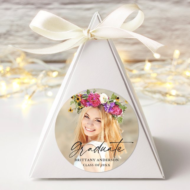 Modern Calligraphy Ink Script Graduate Photo Classic Round Sticker (Customize to change your personalized text size or text style.)