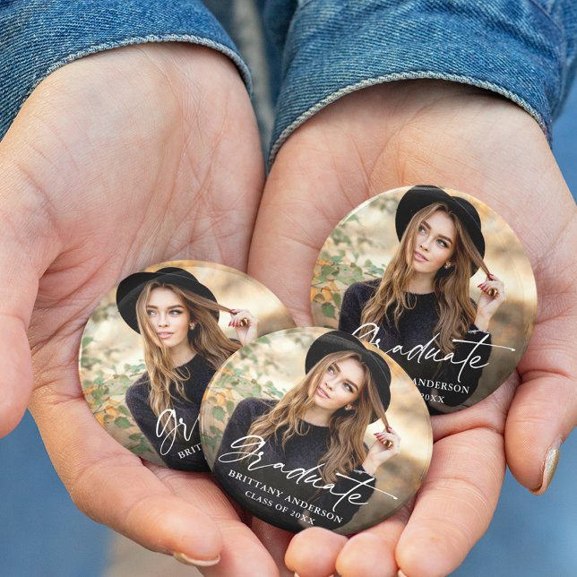 Modern Calligraphy Ink Script Photo Graduation 3 Inch Round Button (Customize to change your personalized text size or text style.)