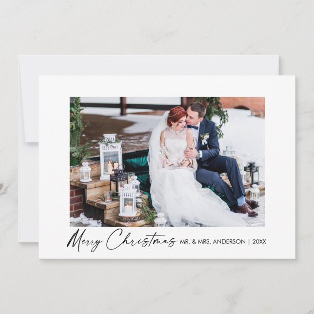 Modern Calligraphy Ink Script Wedding Photo Holiday Card (Front)